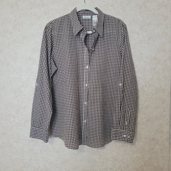 Brown White Gingham Plaid Blouse Liz & Co. Womens Long Sleeve Size XL - Picture 2 of 15